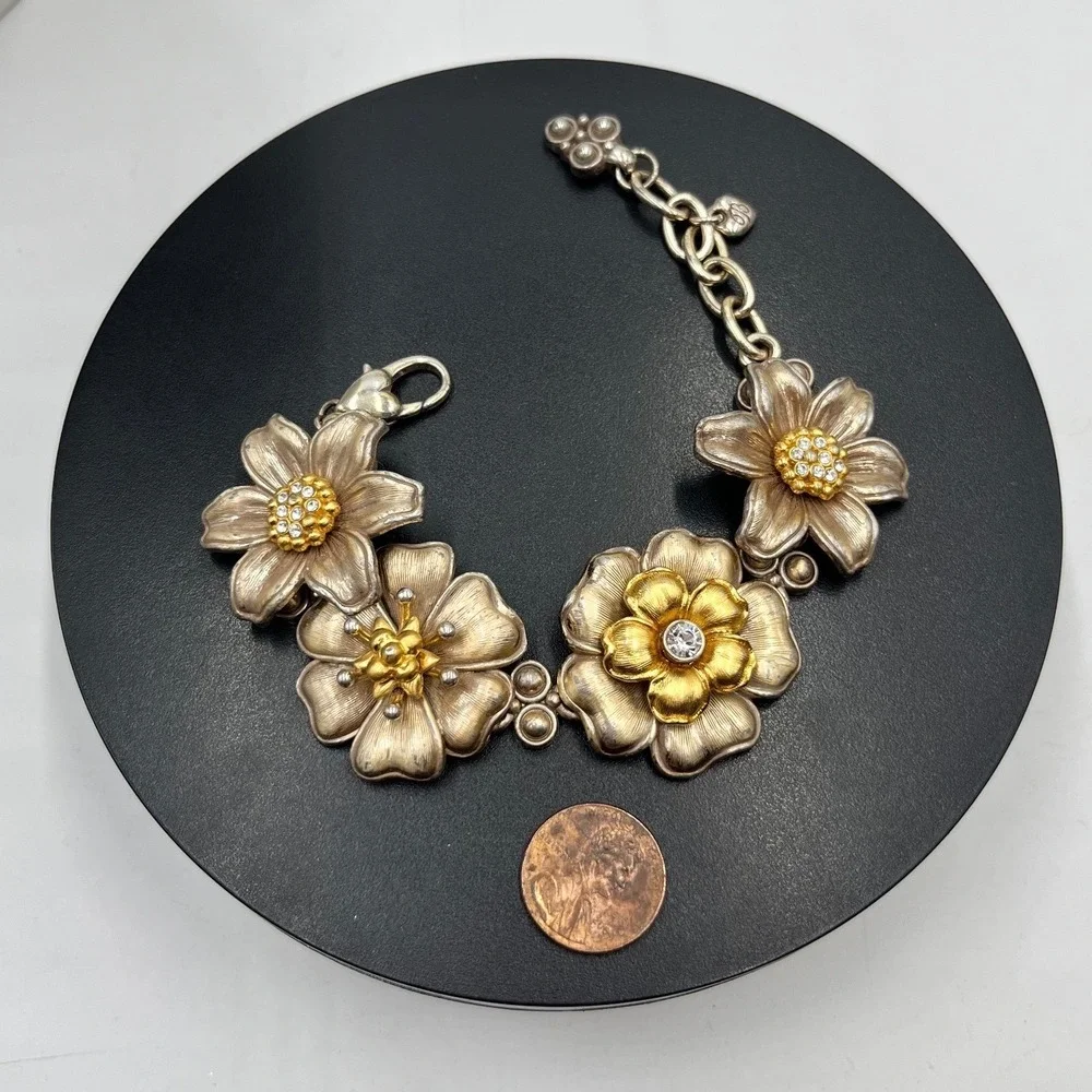 Brighton‎ Vintage Retro Garden Flower Two-Tone 3-D Crystal Brushed Bracelet